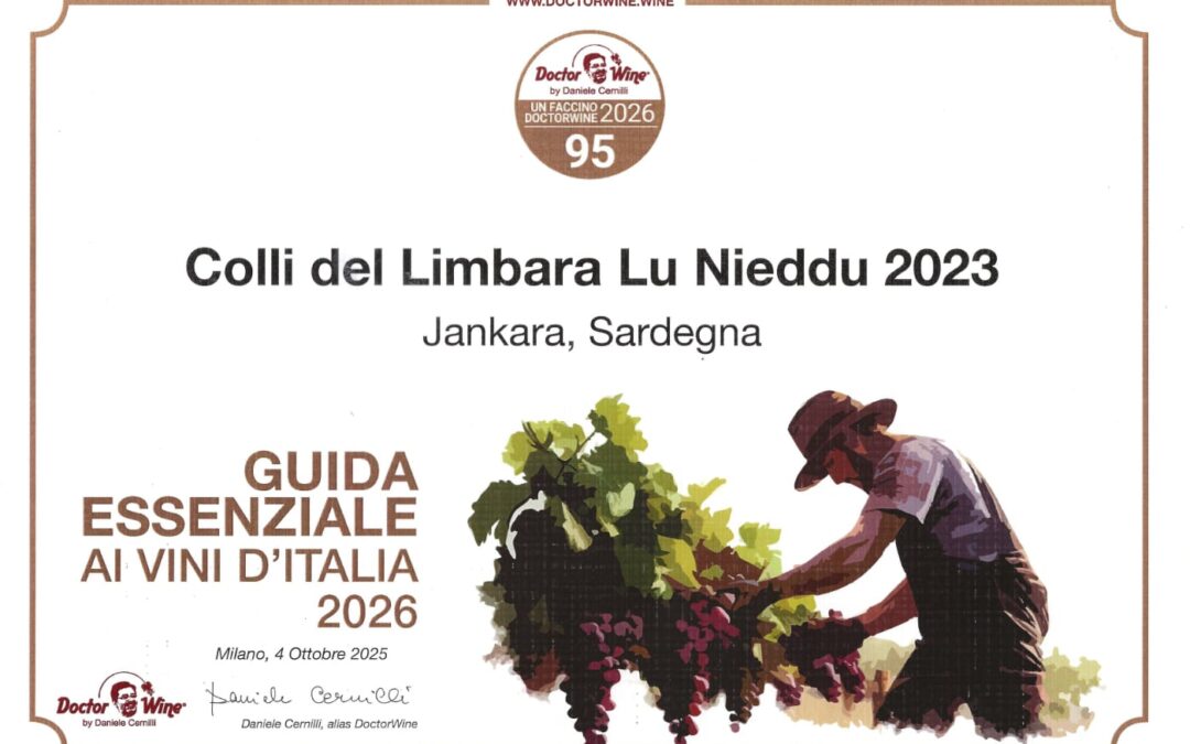 Jankara Lu Nieddu 2023 is awarded 95/100 from Doctor Wine, Daniele Cernilli in his 2026 guide to Italian wines