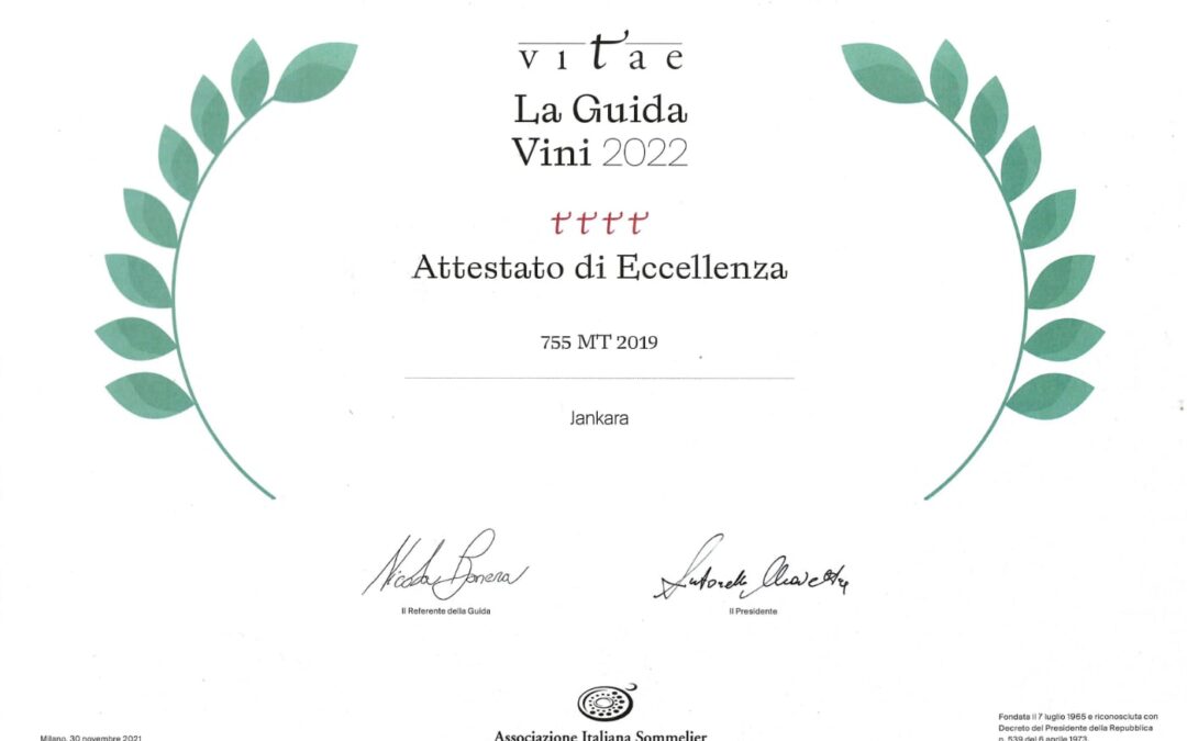 Quattro tralci Vitae Guida Vini 2022 per il 755 mt 2019