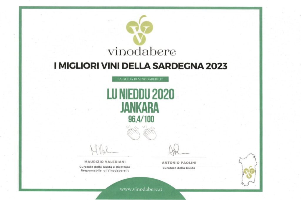Attestato Vinodabere 2023 per il vino Lu Nieddu 2020