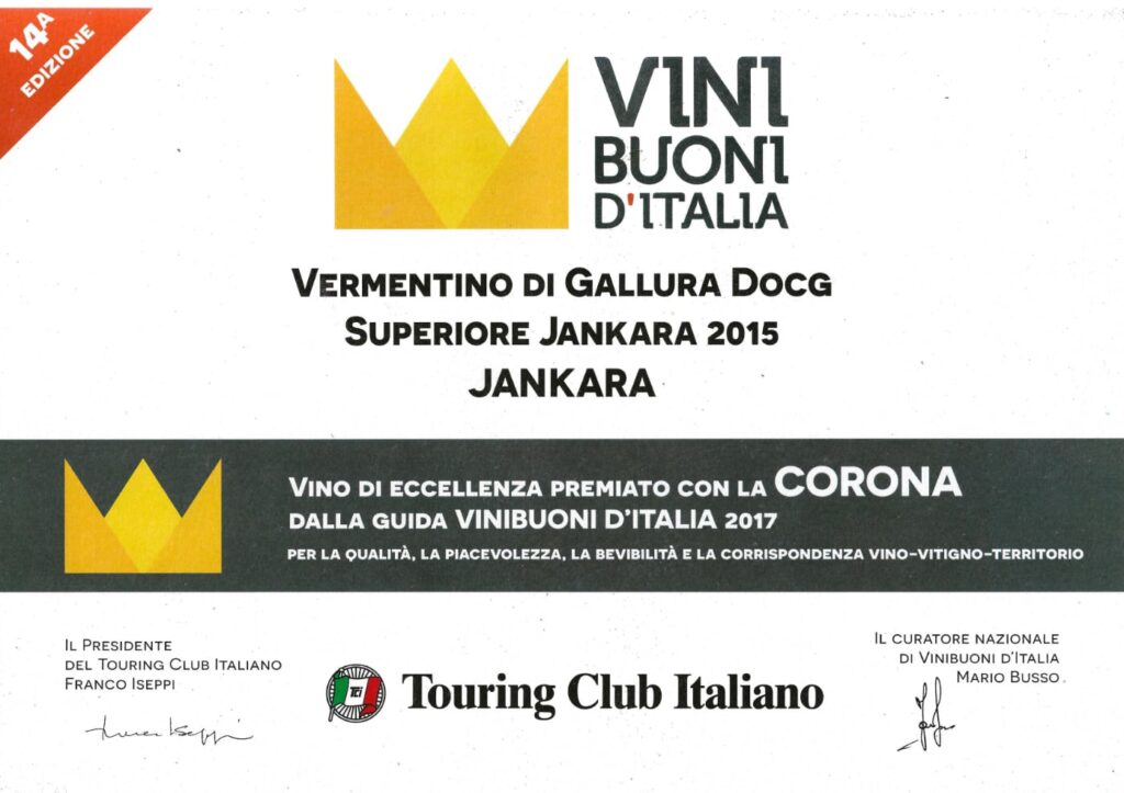 Jankara Vermentino di Gallura 2015 premiato con la Corona Vini Buoni d'Italia 2017