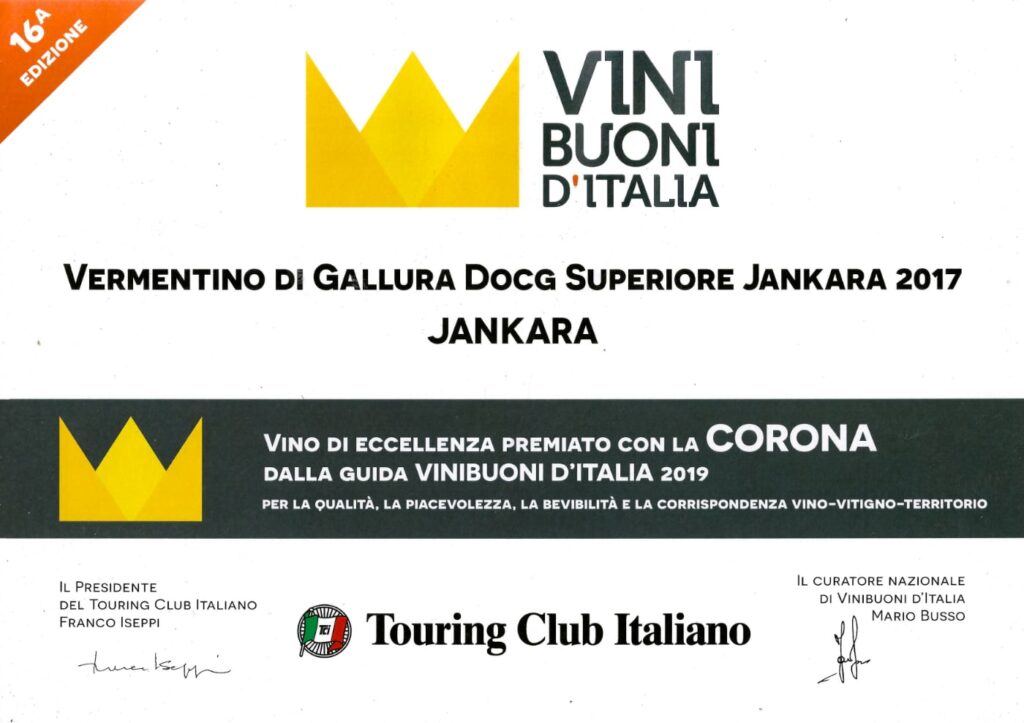 Attestato Jankara Vermentino di Gallura 2017 premiato con la Corona Vini Buoni d'Italia 2019