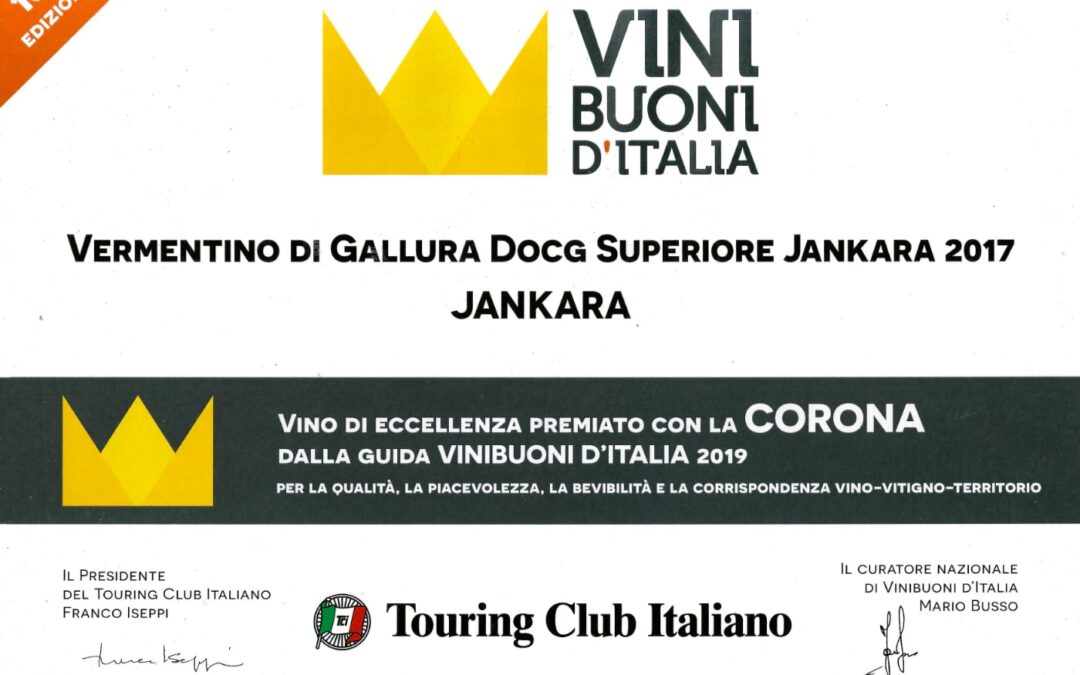 Jankara Vermentino di Gallura 2017 premiato con la Corona Vini Buoni d’Italia 2019