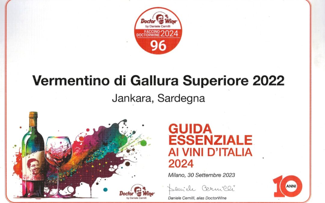 Il Vermentino di Gallura Jankara 2022 riceve un 96/100 da Doctor Wine, Daniele Cernilli nella Guida ai vini d’Italia 2024