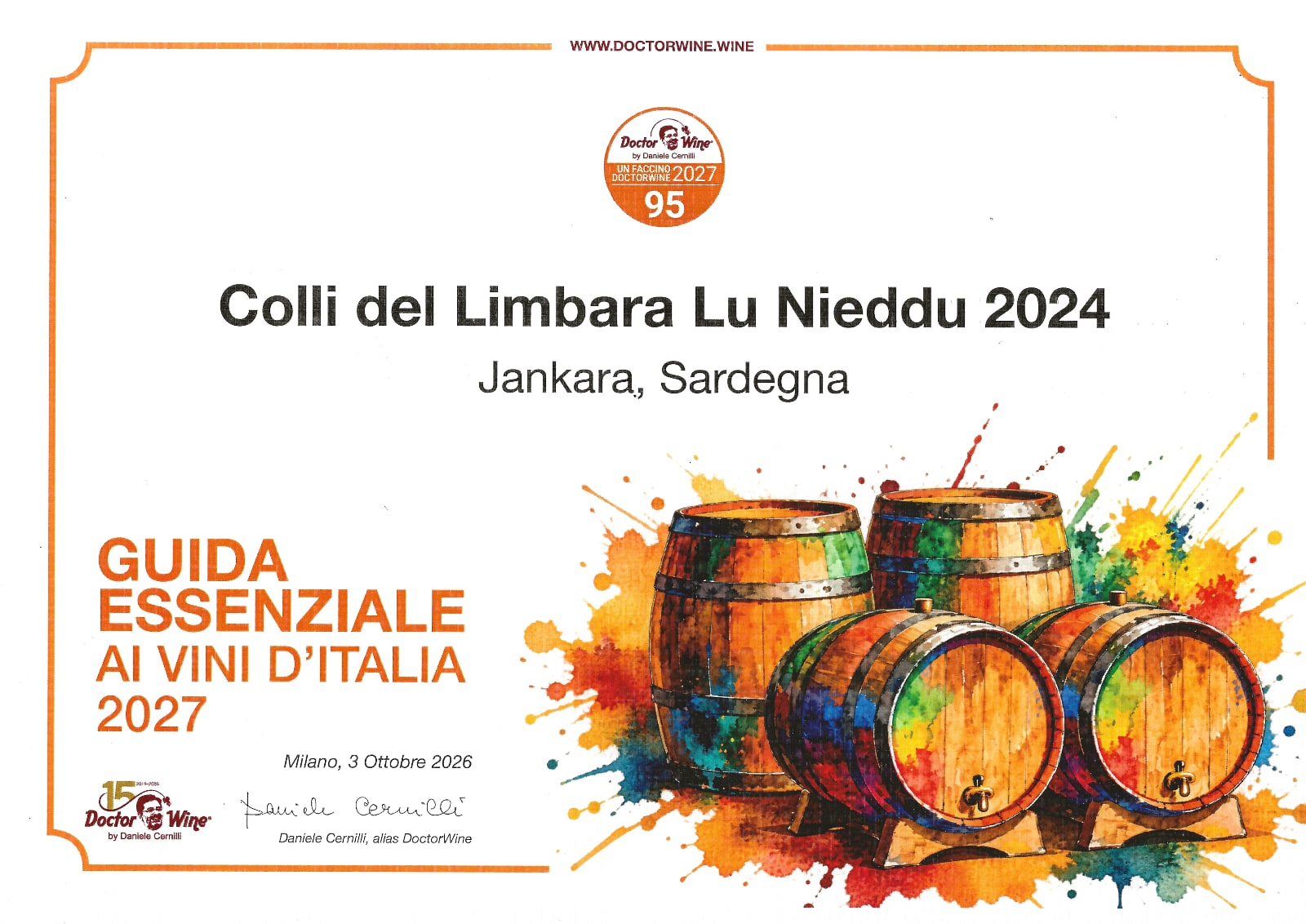 il premio assegnato a Lu Nieddu 2024 da Doctor Wine, Daniele Cernilli sulla guida essenziale ai vini d'Italia 2027 con un punteggio di 95 punti su 100.